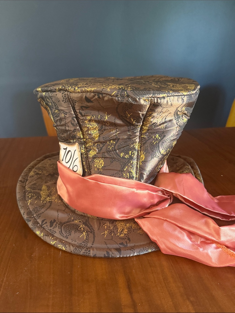 Mad Hatter-Style Decorative Brown and Gold Brocade Top Hat with Coral Ribbon